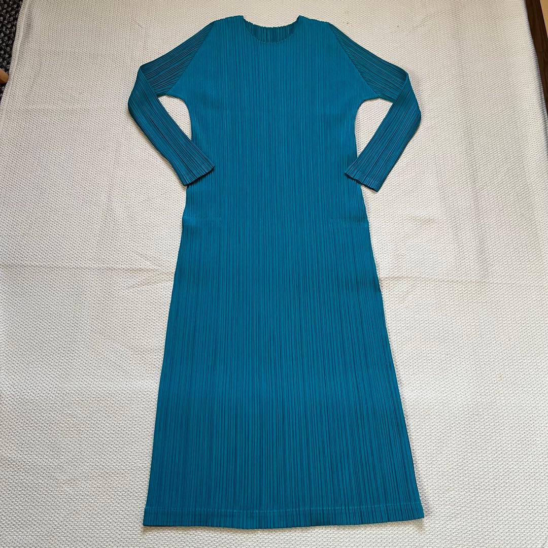 PLEATSPLEASE イッセイミヤケ　ロングワンピース　ブルーグリーン　3