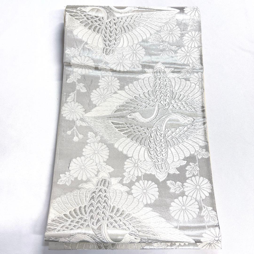 袋帯　唐織　双鶴文　鶴　菊花　白地　銀糸　着物　011tz