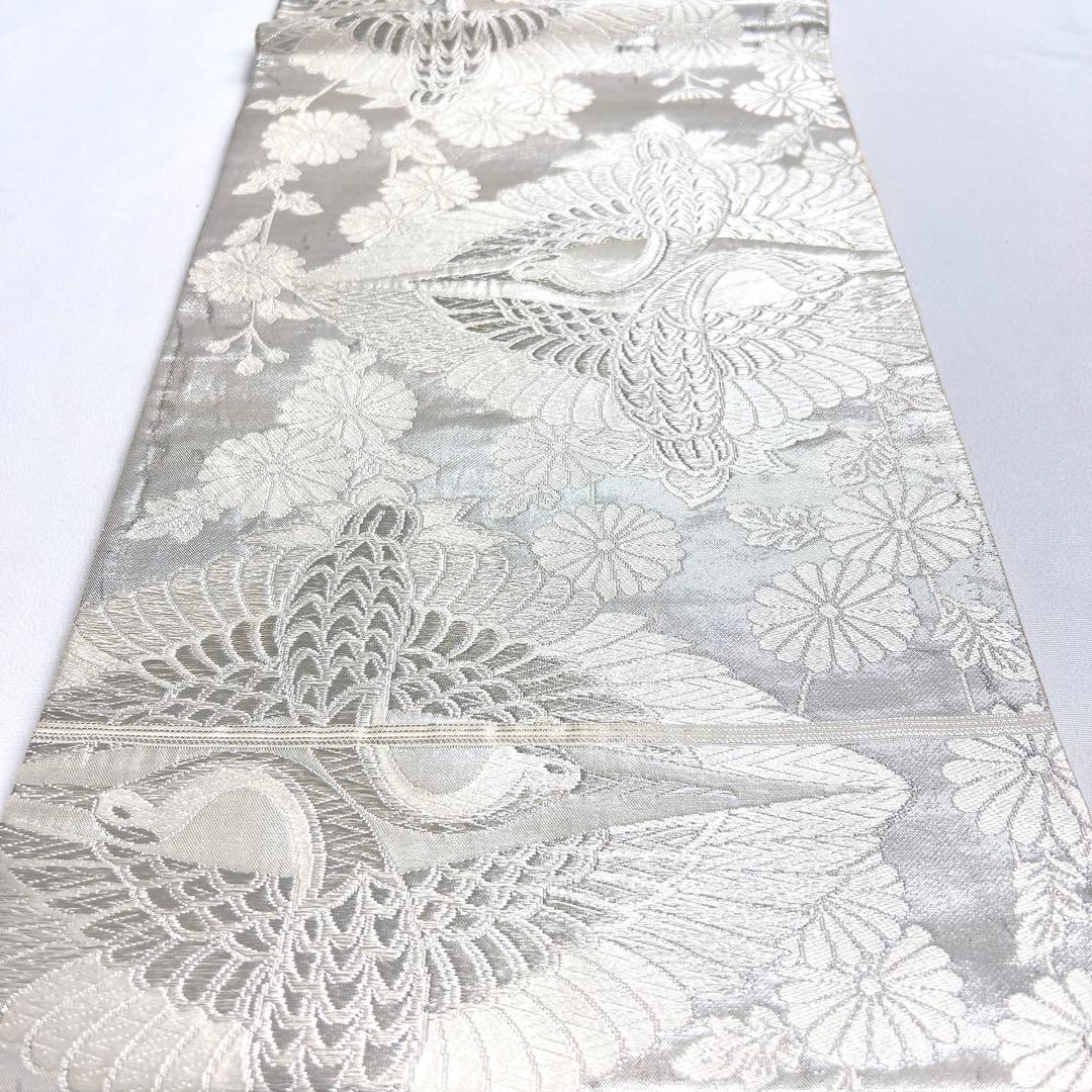 袋帯　唐織　双鶴文　鶴　菊花　白地　銀糸　着物　011tz