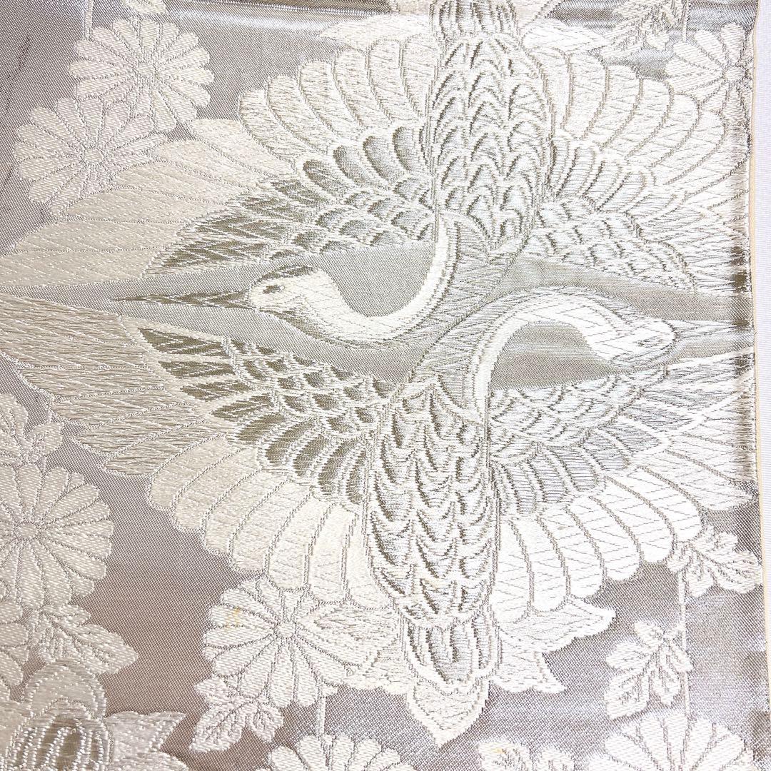 袋帯　唐織　双鶴文　鶴　菊花　白地　銀糸　着物　011tz