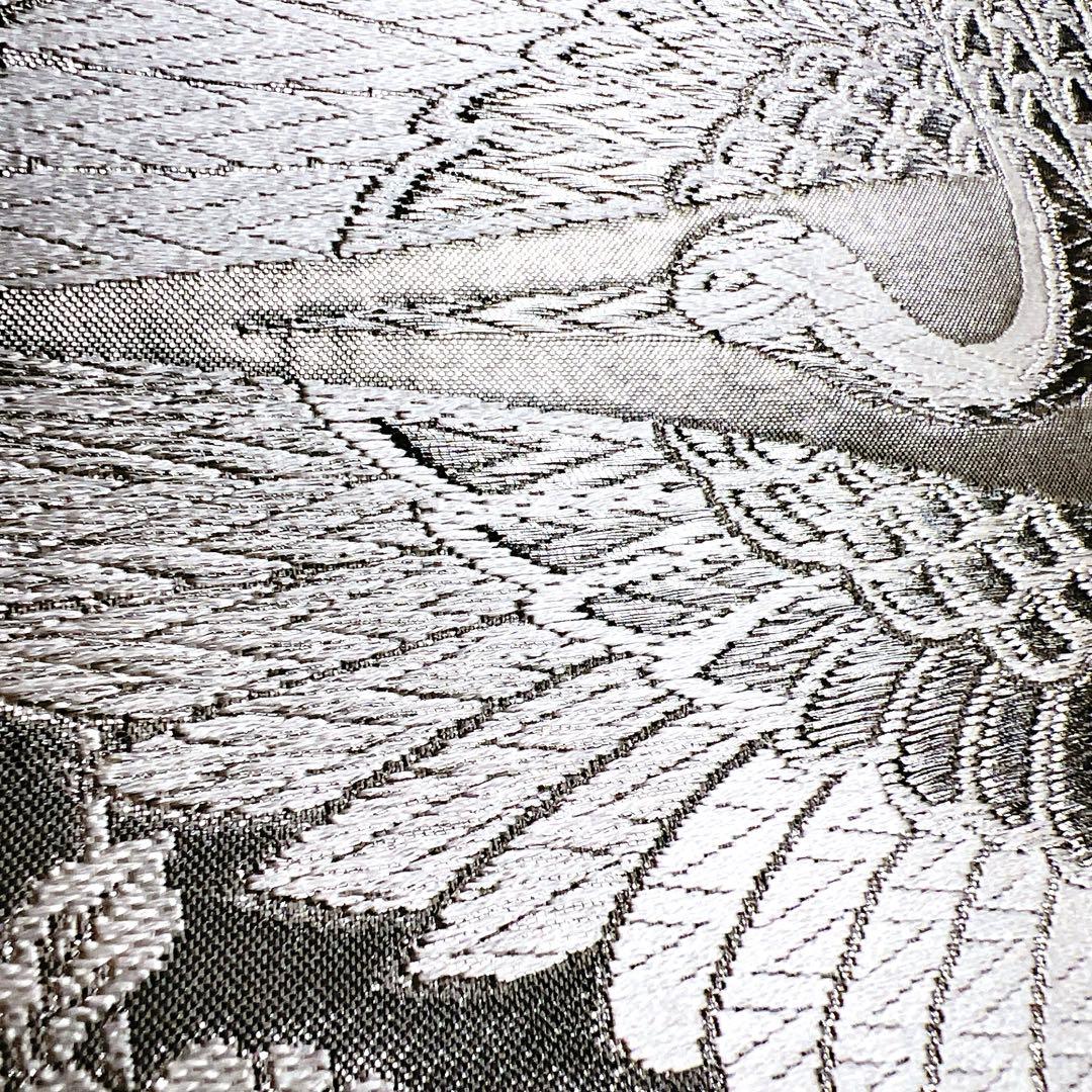 袋帯　唐織　双鶴文　鶴　菊花　白地　銀糸　着物　011tz