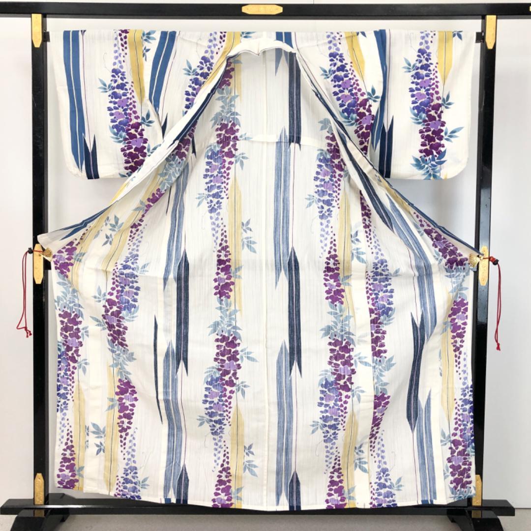 夏着物 浴衣 藤の花模様 矢羽根 乳白色 K-4839