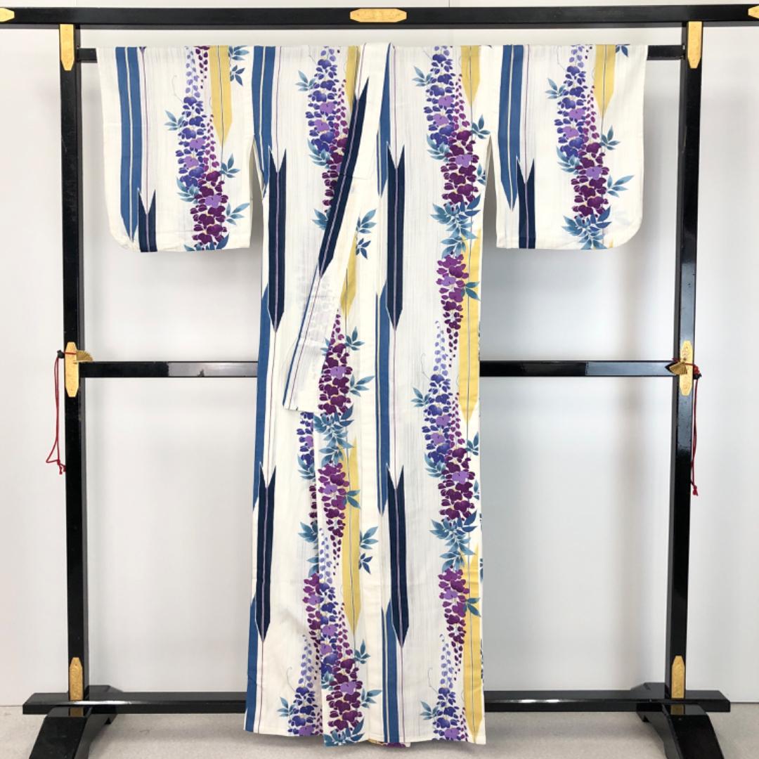 夏着物 浴衣 藤の花模様 矢羽根 乳白色 K-4839