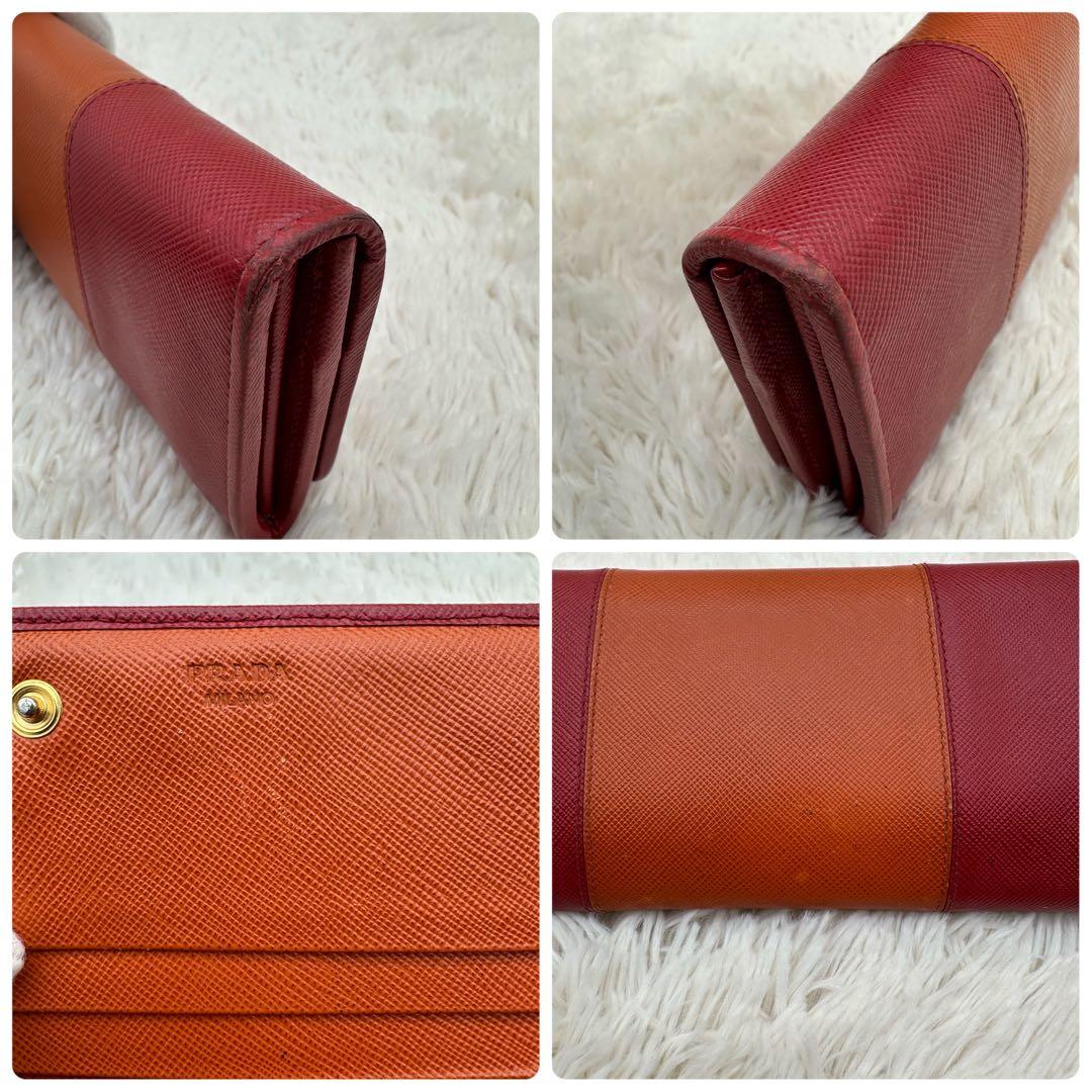 ✨美品✨プラダ　長財布　メタルロゴ　バイカラー　サフィアーノレザー　赤　オレンジ