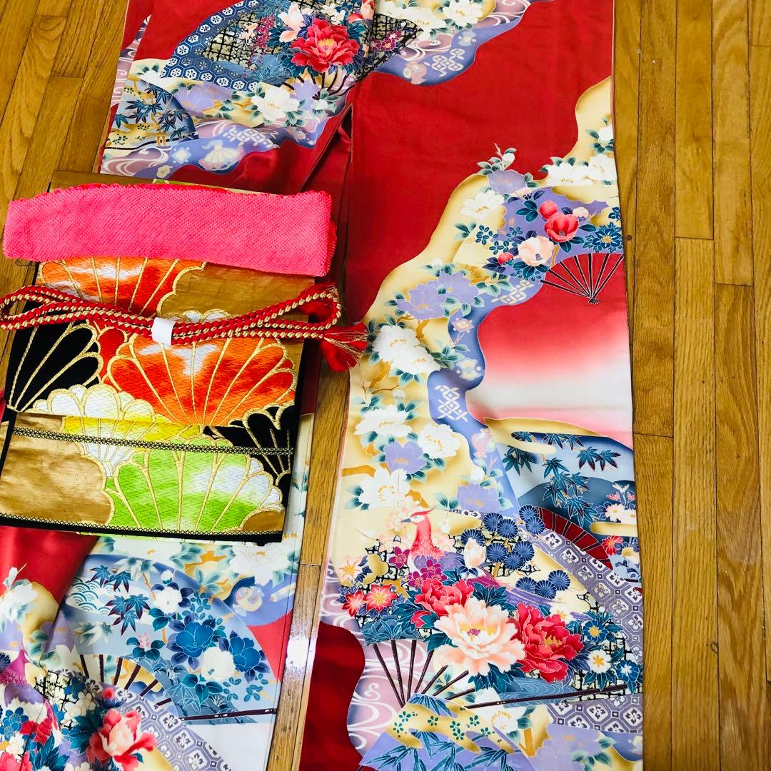 正絹振袖安心フルセット‼️ピンク赤系⭐︎美しい四季の花⭐︎鳥古典柄金彩⭐︎逸品