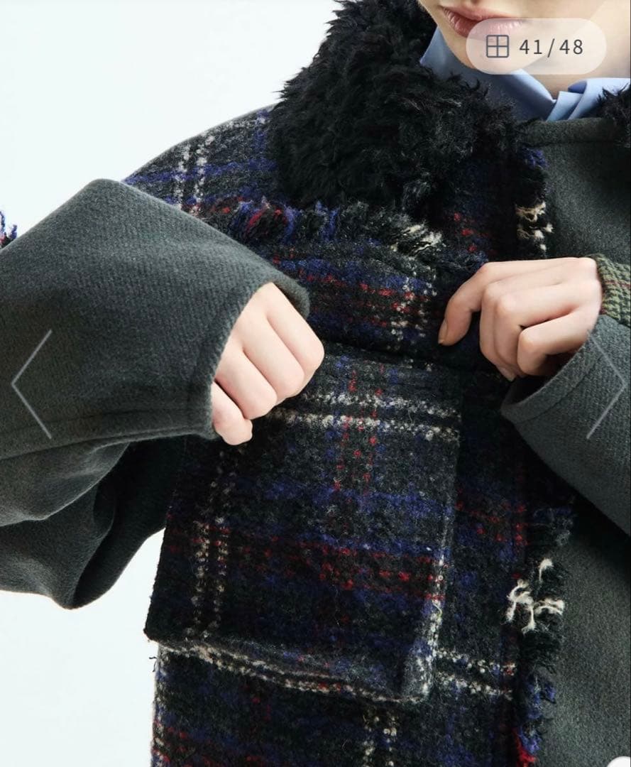 新品AULAAILA パッチワークボアチェックフリンジライダース