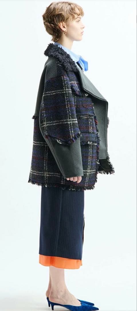 新品AULAAILA パッチワークボアチェックフリンジライダース