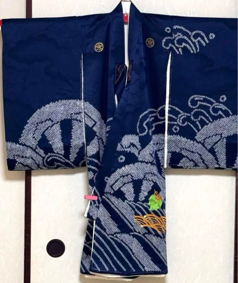 《手刺繍　手縫い　絞り》高級お宮参り着 男の子「宝船」模様（しつけ付）