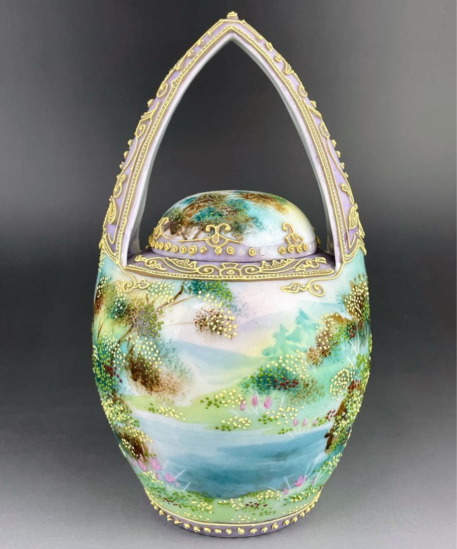 【希少】オールドニッポン 一陳盛り上げ 風景紋 バスケット 花籠 花瓶