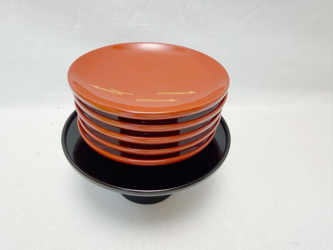 未使用 塗師 静峰作 懐石道具 輪島塗 木製盃台 引盃松葉蒔絵5客 共布 共箱