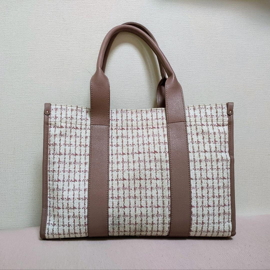 pium ベルトロゴハンドルトートバッグ ピンクツイード　キャンバストート