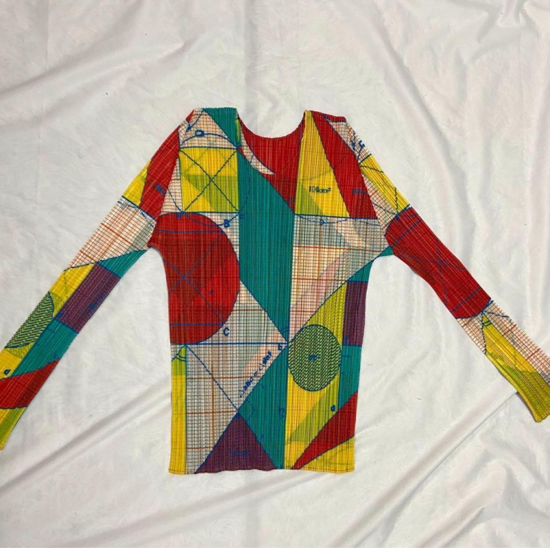 【美品】 プリーツプリーズ 総柄 マルチカラー 幾何学 カットソー 長袖
