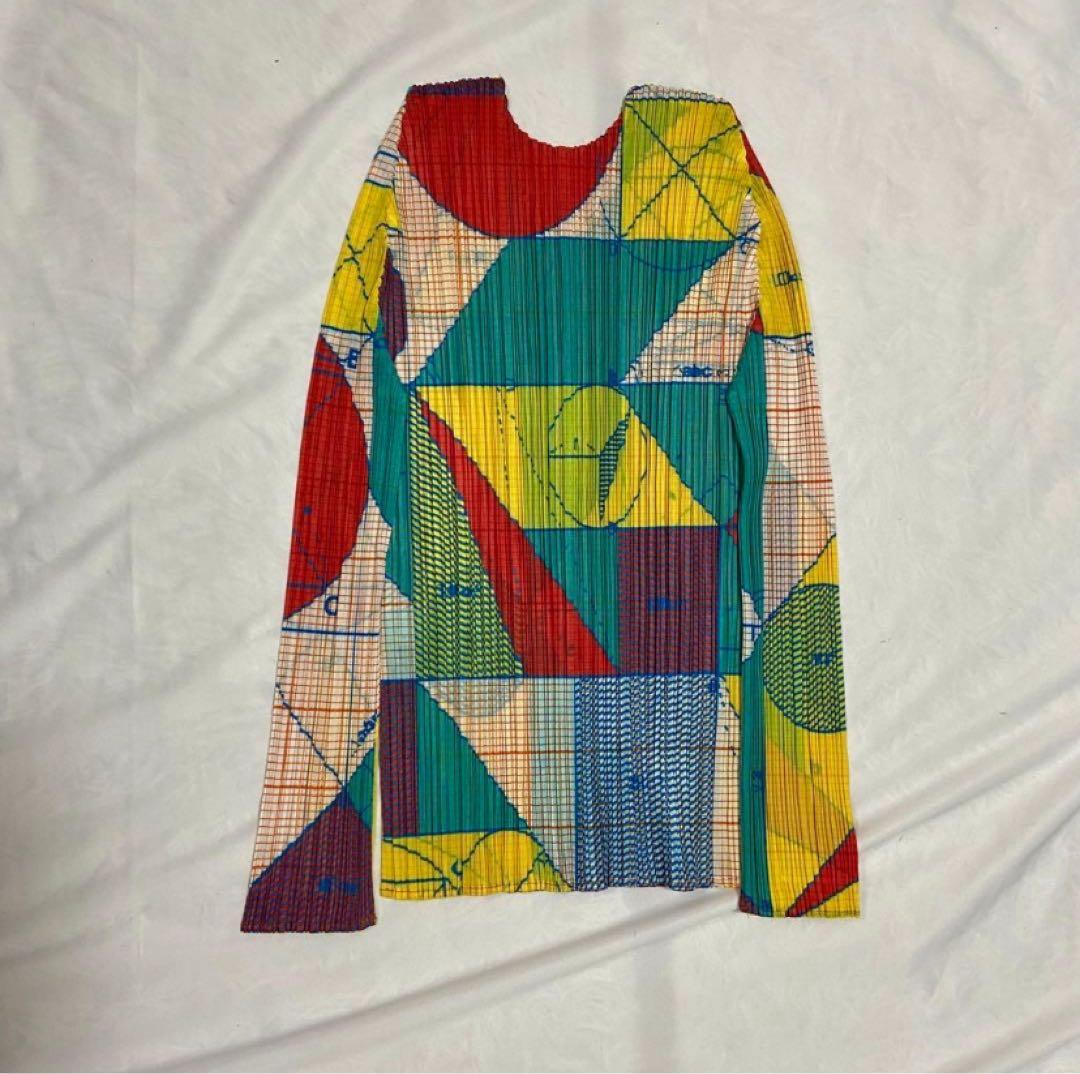 【美品】 プリーツプリーズ 総柄 マルチカラー 幾何学 カットソー 長袖