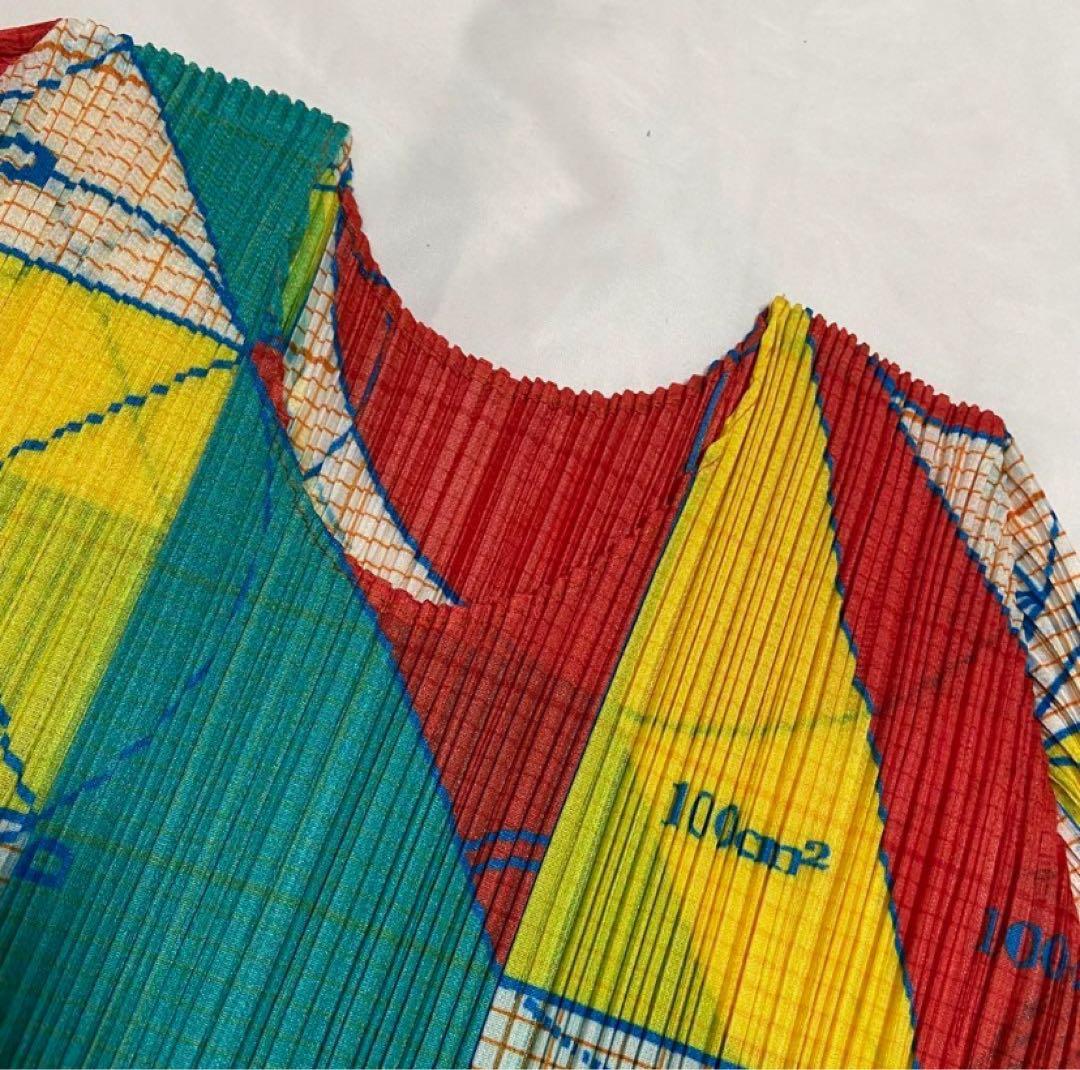 【美品】 プリーツプリーズ 総柄 マルチカラー 幾何学 カットソー 長袖