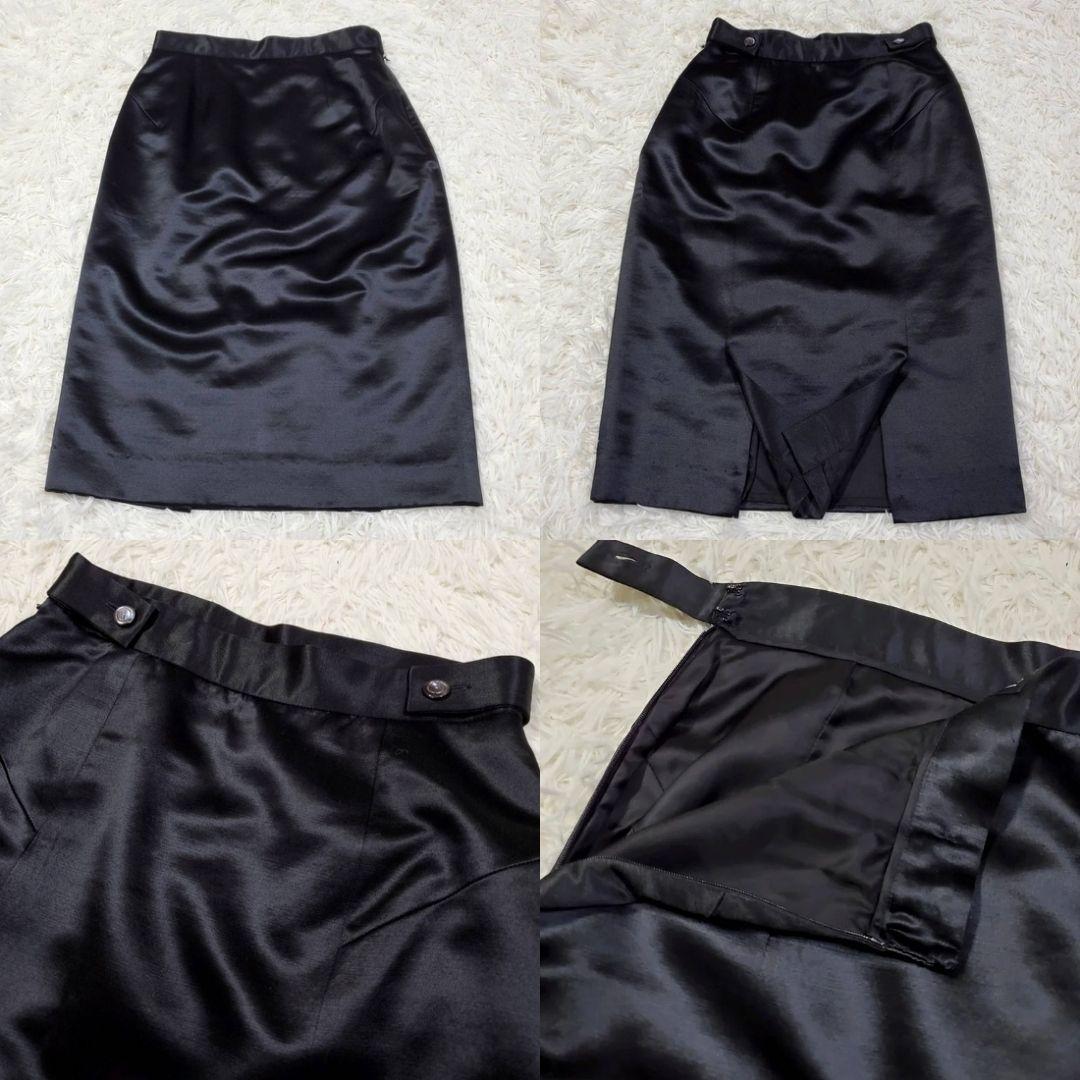 美品 L グッチ シルク ウール スカートスーツ 黒 イタリア製 40 肩パッド