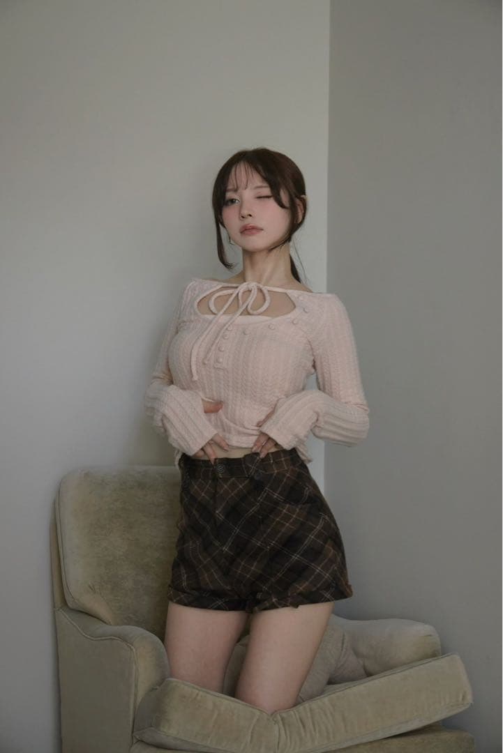 パンツ Ribbon check mini pants color brown