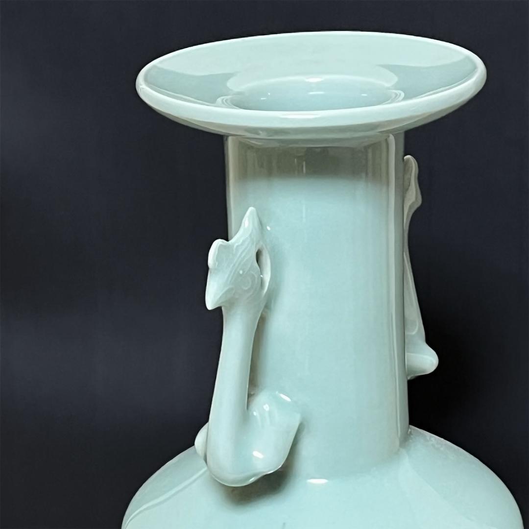 宮永東山 青磁 鳳凰耳 花入 共箱 耳付花入 茶道具 【k3437】