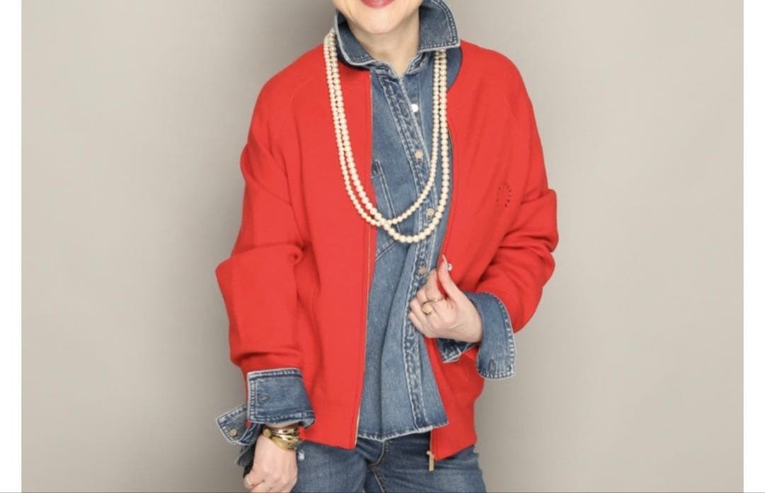 AnneCoquineコアスパンヤーンニットブルゾンネット限定カラー レッド3L