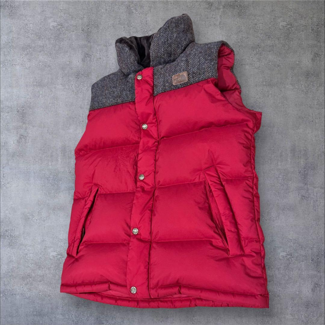 THE NORTH FACE ダウンベスト 赤 メンズXL ハリスツイード