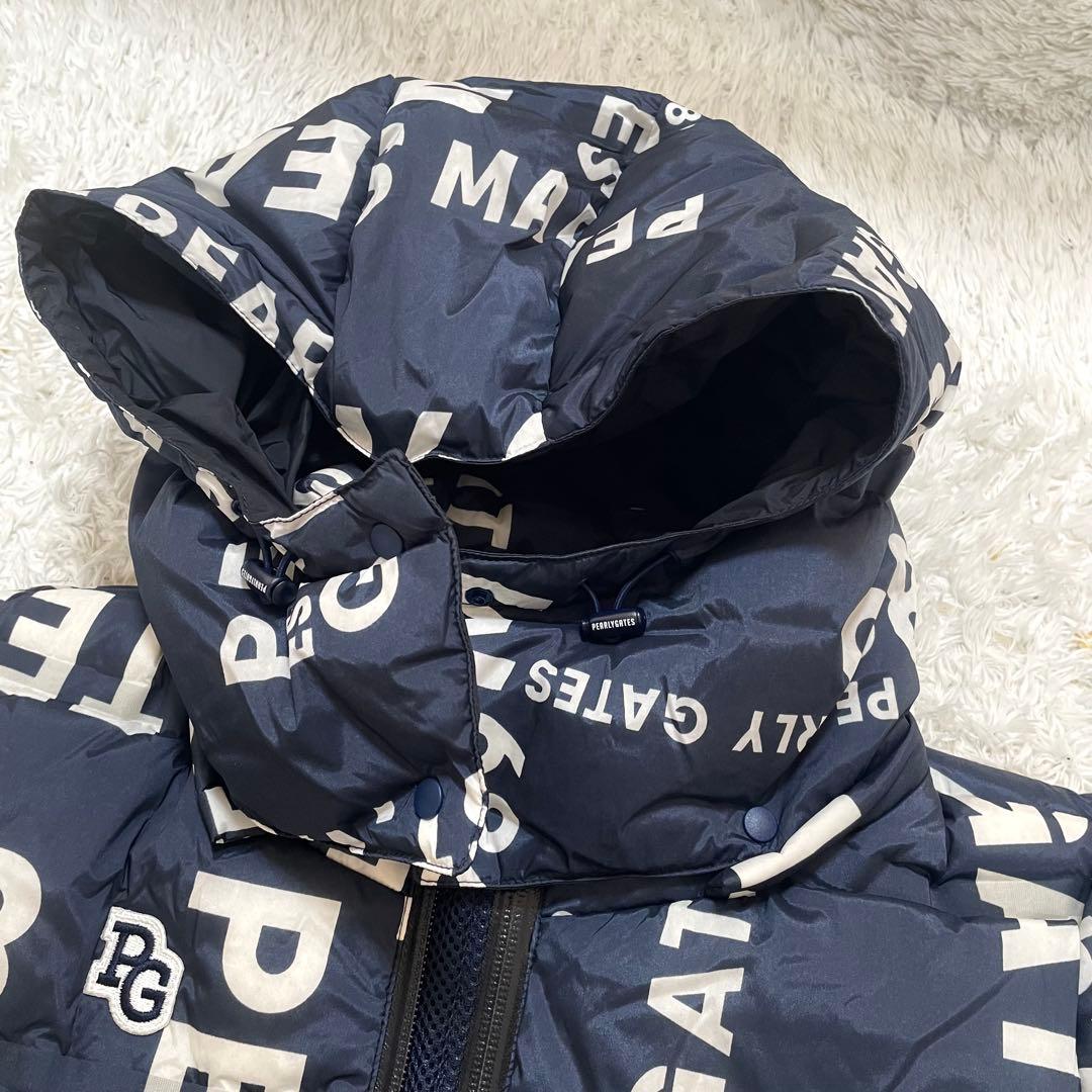 極美品 パーリーゲイツ ダウンジャケット 2way ロゴ総柄 0サイズ ネイビー