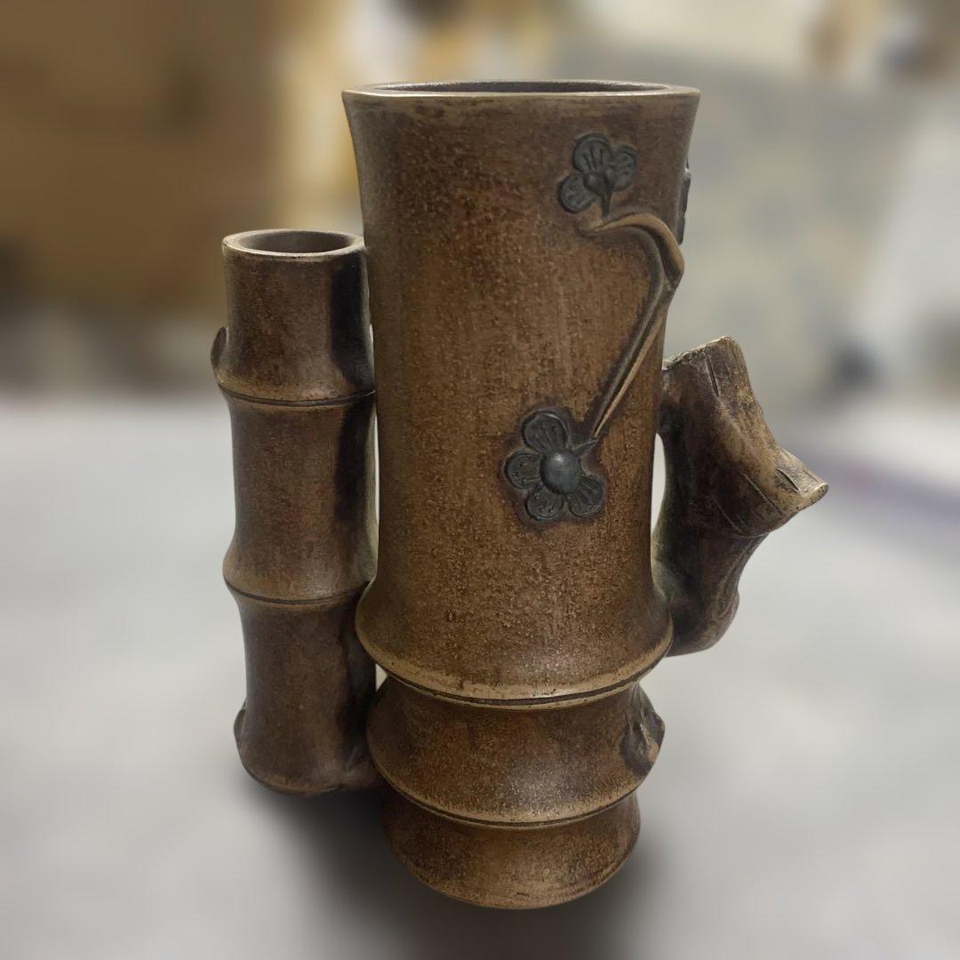 花瓶　置物　中国美術　竹形朱泥　紫砂　アンティーク