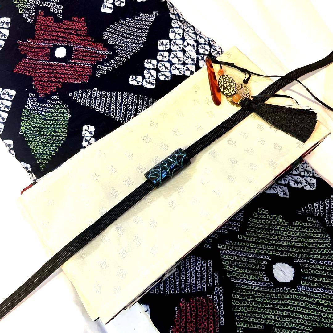 有松鳴海絞り 手蜘蛛 黒色寄りの濃紺 緑色 手縫い仕立て