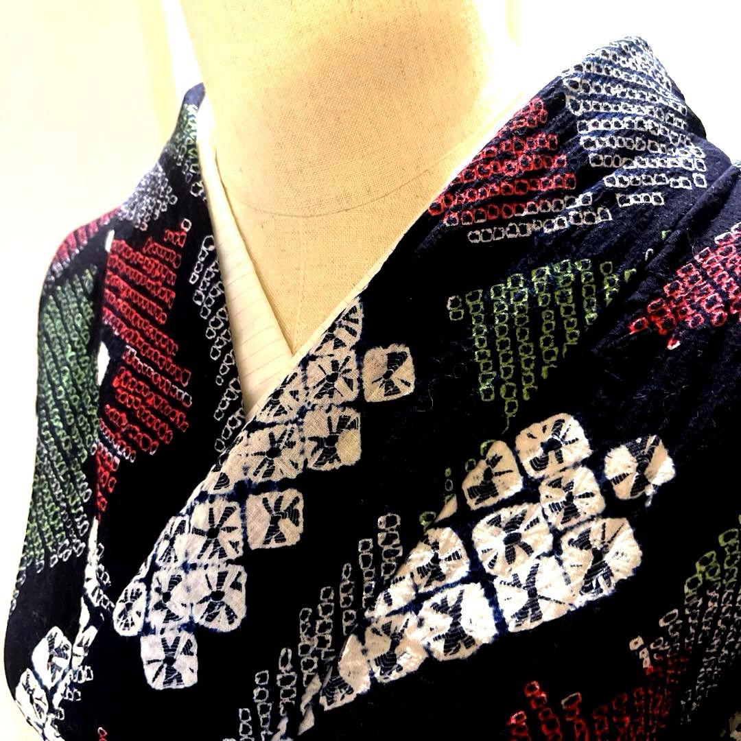 有松鳴海絞り 手蜘蛛 黒色寄りの濃紺 緑色 手縫い仕立て