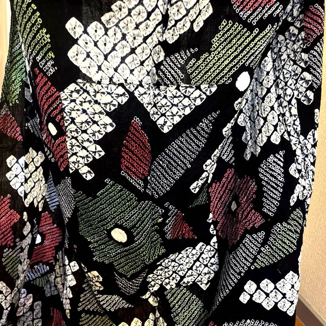 有松鳴海絞り 手蜘蛛 黒色寄りの濃紺 緑色 手縫い仕立て