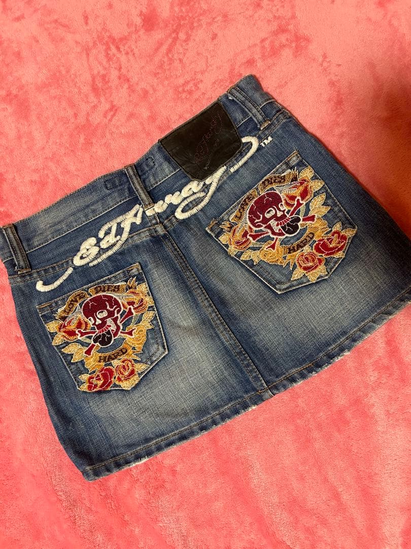 Ed Hardy スカル薔薇ロゴ刺繍　デニムミニスカート