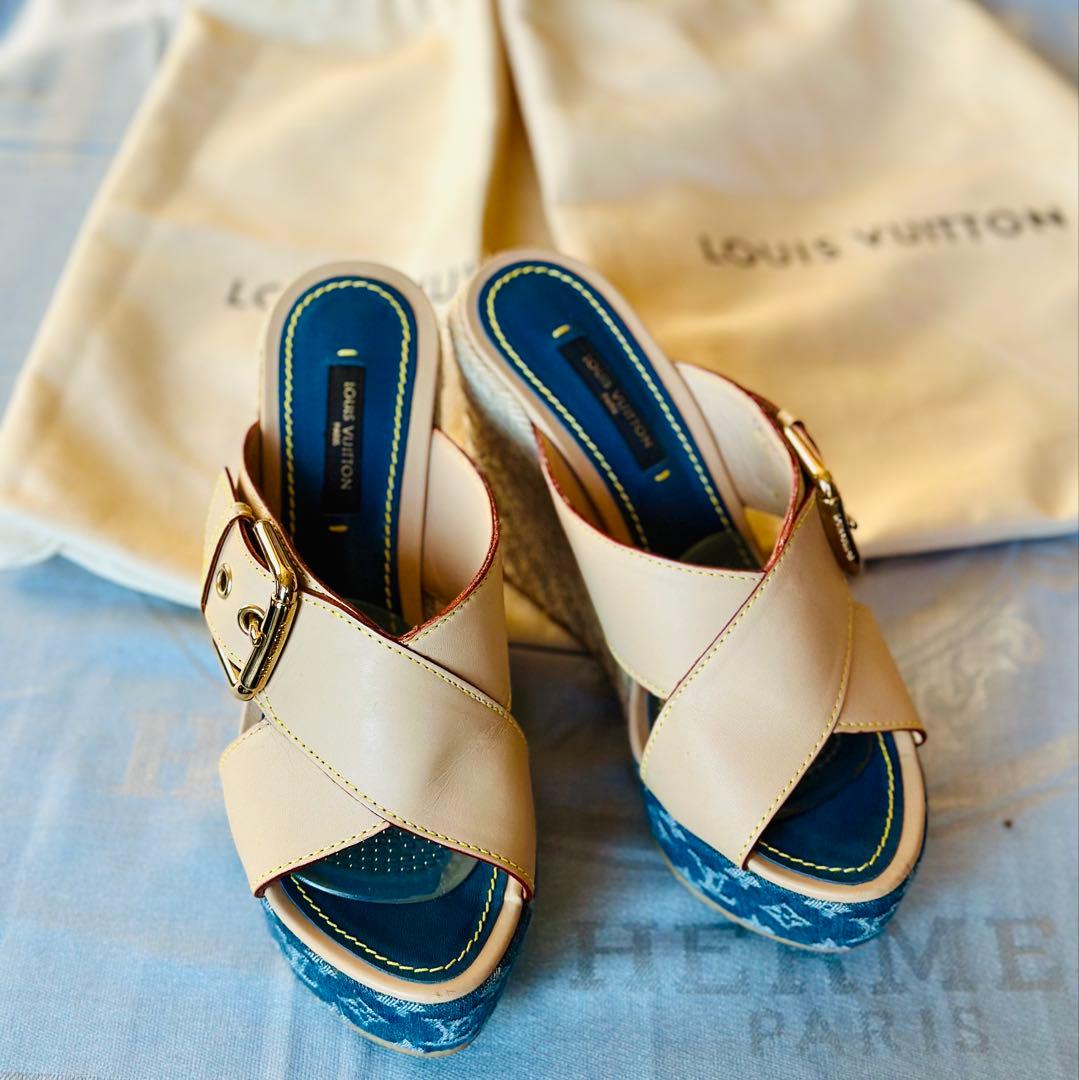 《正規品》ルイヴィトン ウエッジサンダル デニム　モノグラム 35 本物
