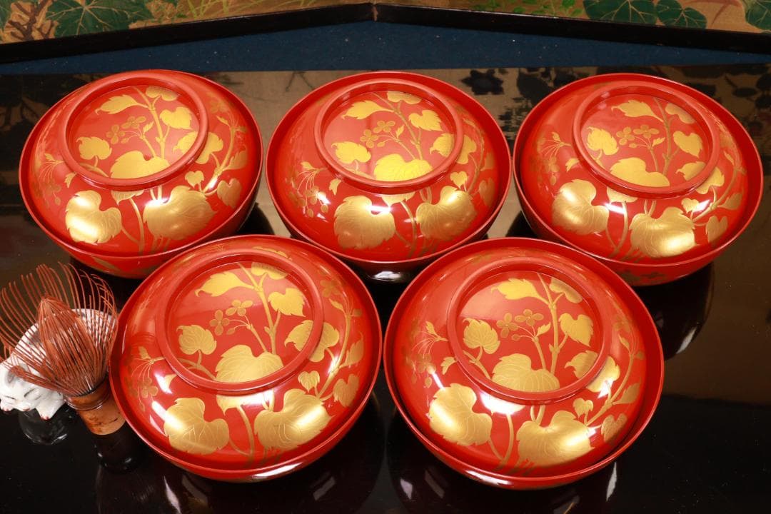 nori、時代漆器　輪島塗　草花金蒔絵　吸物椀　五客　木製 BJ128