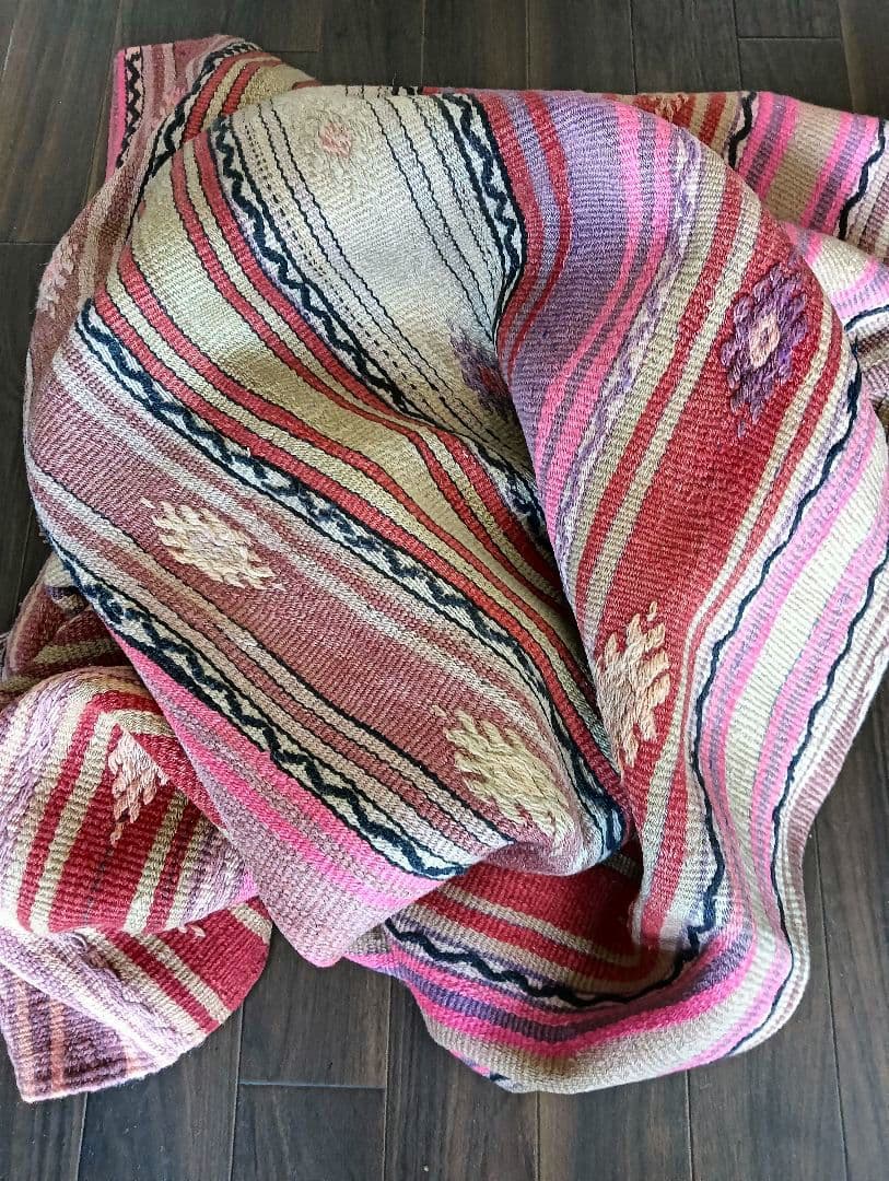 特大7.6kg 140×280色のパステルピンクのオールドキリム　カイセリ