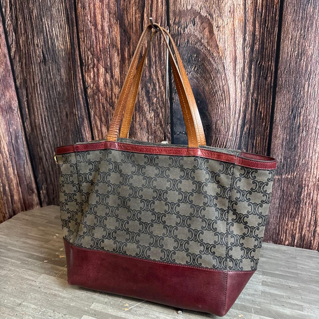 CELINE セリーヌ マカダム柄 トートバッグ キャンバス×レザー ボルドー系