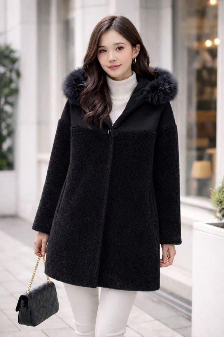 MaxMara アルパカ ウール ボア切り替え ファーコート ブラック 38