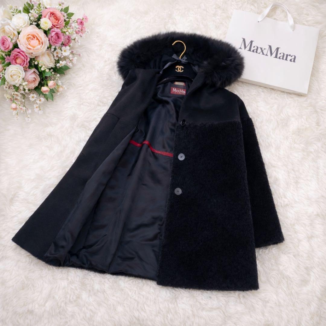 MaxMara アルパカ ウール ボア切り替え ファーコート ブラック 38