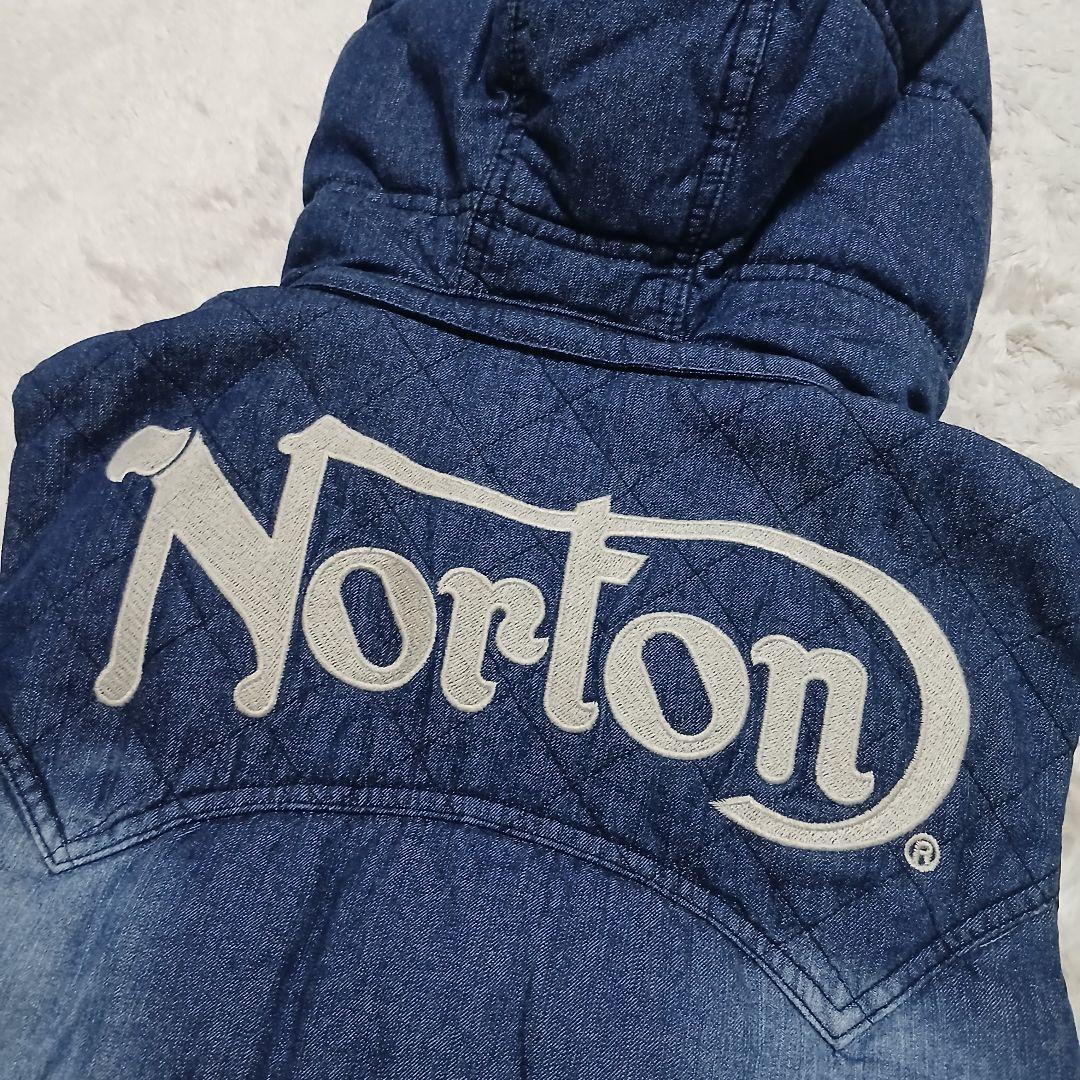 【極美品】Norton フードライナー 中綿デニムベスト 刺繍ロゴ デカロゴ