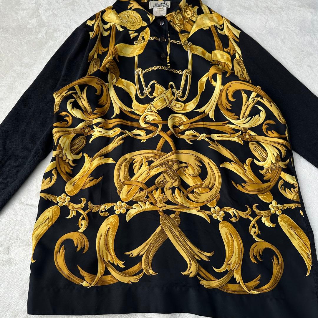 vintage HERMES スカーフ柄 バロック カットソー ポロシャツ 黒