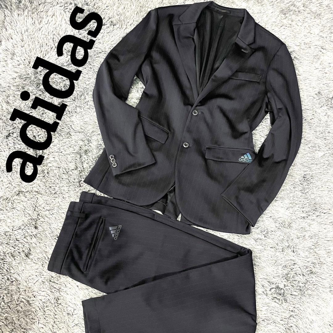 【極美品】アディダス スーツ セットアップ ストライプ 黒 伸縮性 2B ロゴ