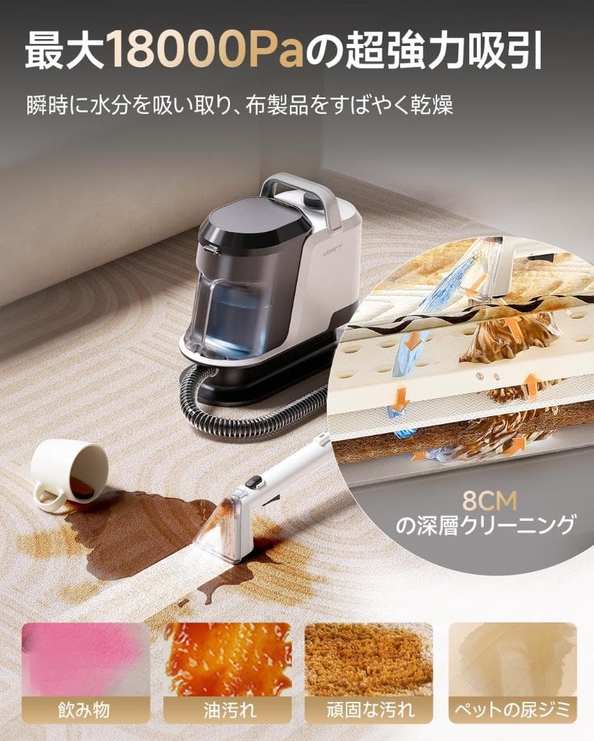 カーペットクリーナー 18000Pa超強吸引力 軽量 家庭用絨毯クリーナー