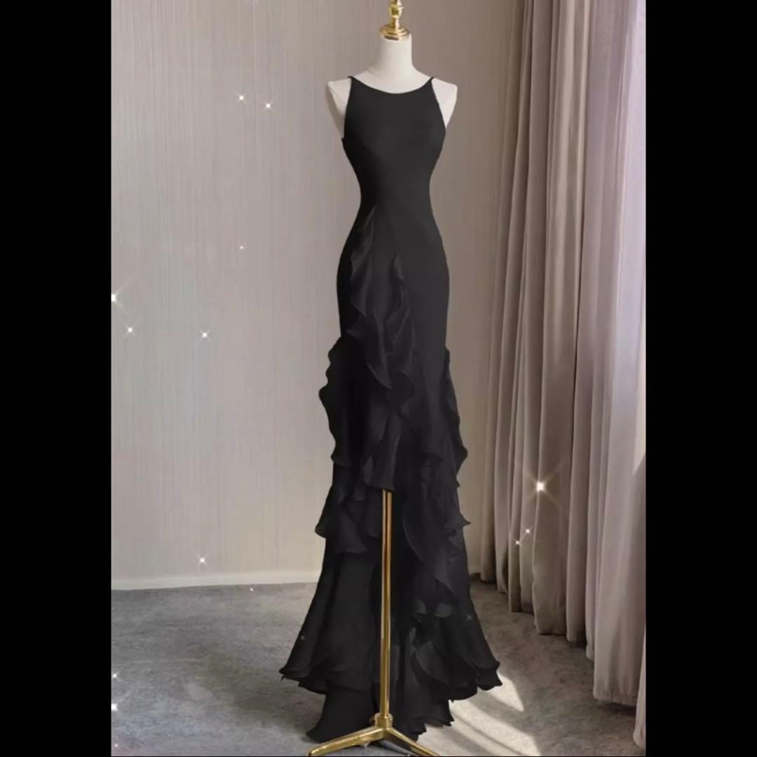 新品 ブラック ロングドレス 背中V開き パーティー 演奏会 結婚式