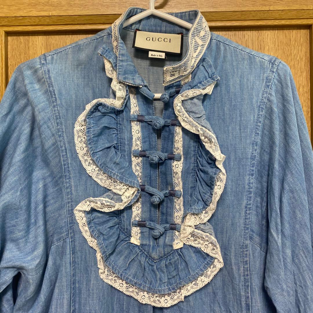 GUCCI ロゴ フリル ワイドスリーブ 七分袖 膝丈 デニム ワンピース
