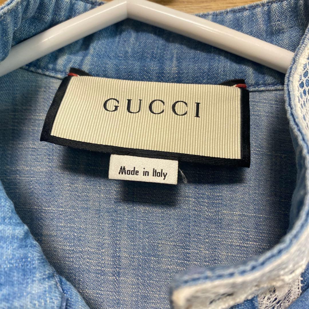 GUCCI ロゴ フリル ワイドスリーブ 七分袖 膝丈 デニム ワンピース