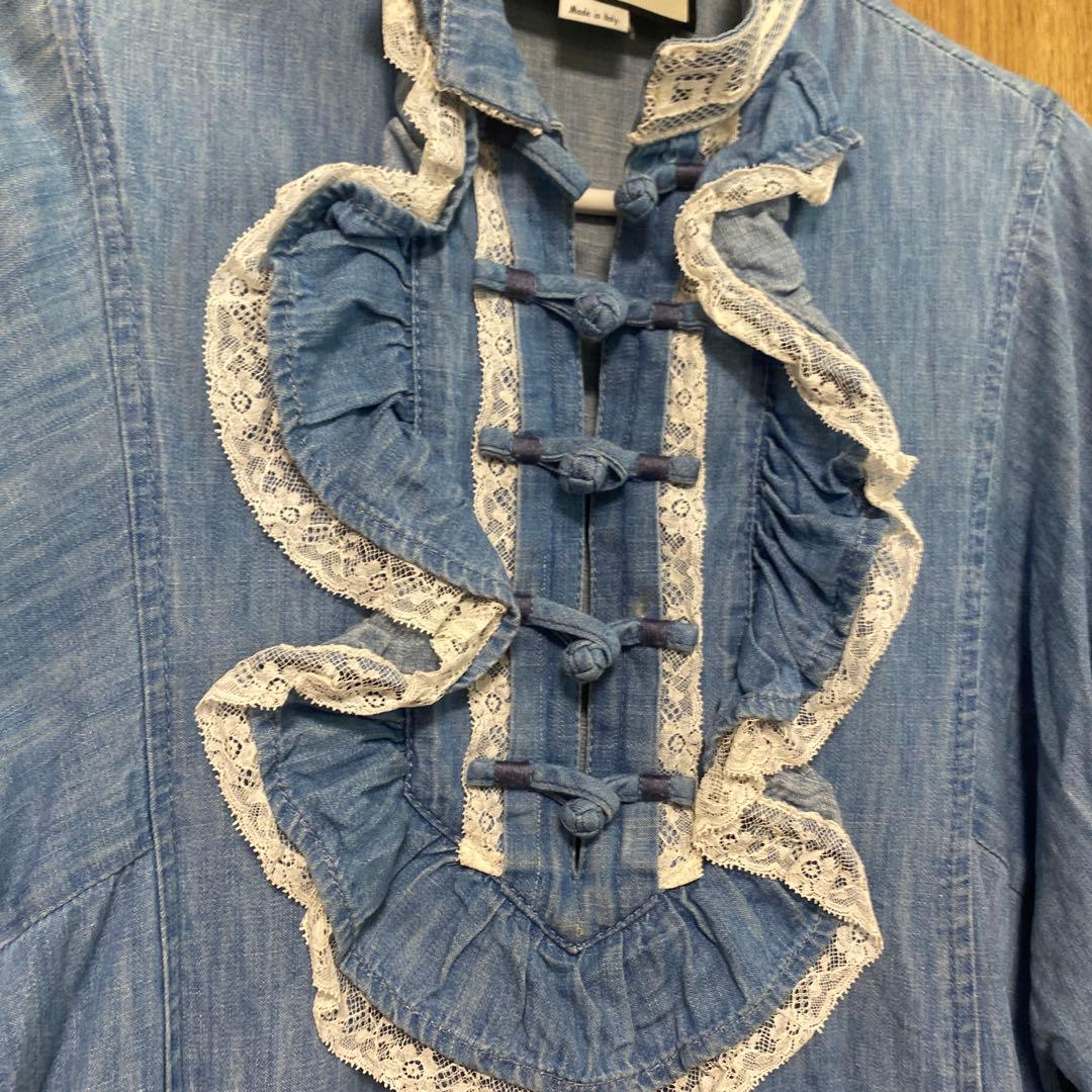 GUCCI ロゴ フリル ワイドスリーブ 七分袖 膝丈 デニム ワンピース