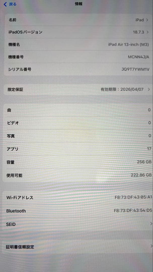 【美品】iPad Air Wifi 256GB 2025モデル　13インチM3