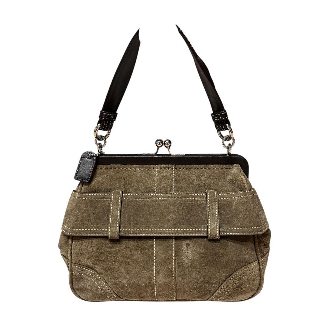 美品 コーチ がま口 ワンショルダー ソーホー ビジュー リボン スウェード 茶