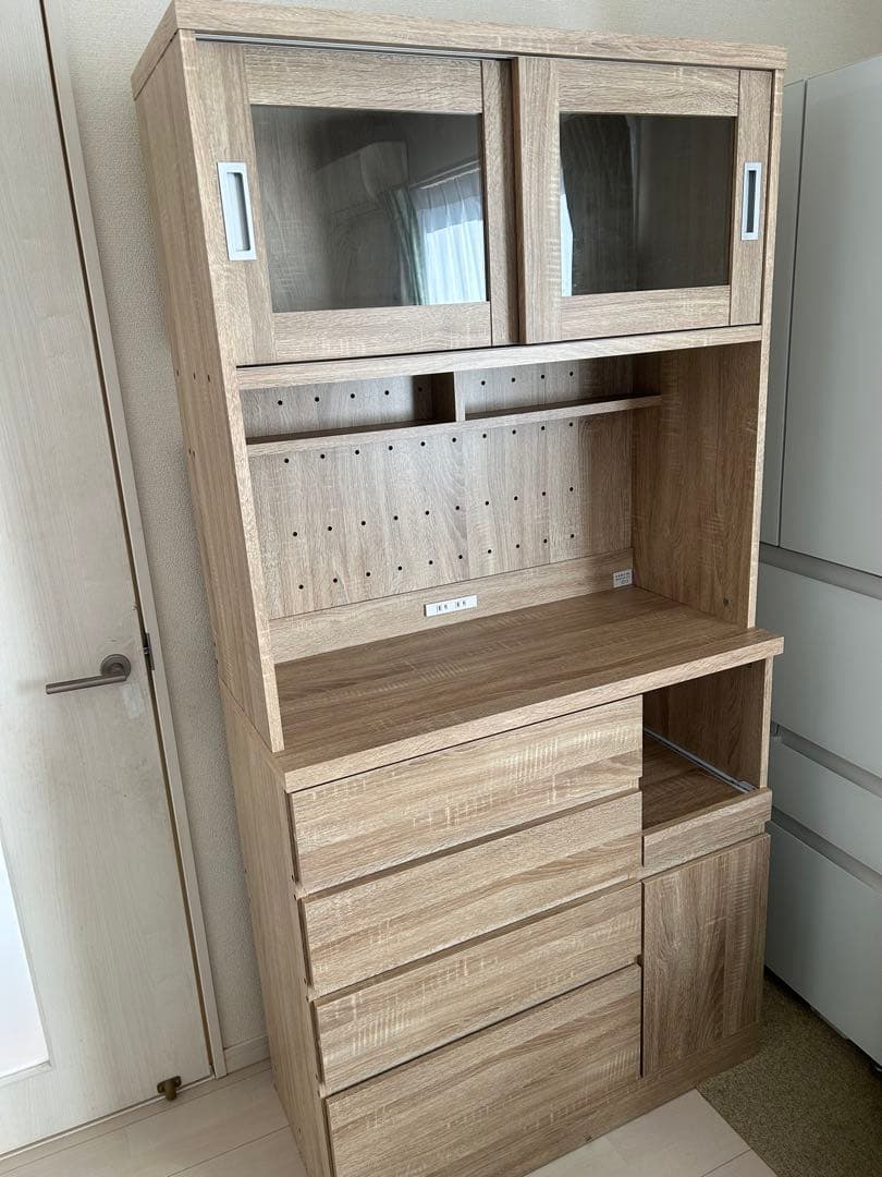 キッチン 食器棚 ガラス扉付き オーク