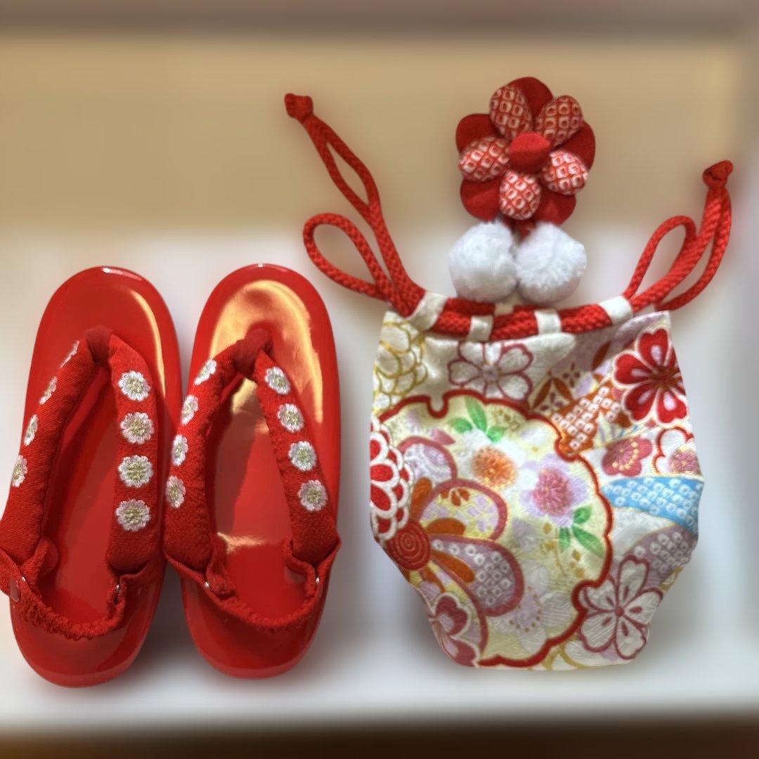 七五三 3歳被布セット　正絹　赤　古典柄