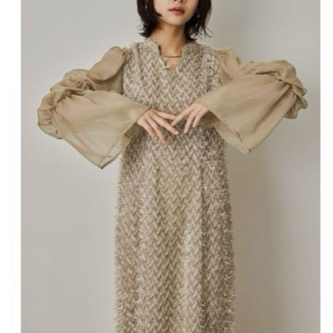 【新品未使用】デザインスリーブシャギードレス 結婚式お呼ばれオケージョンドレス