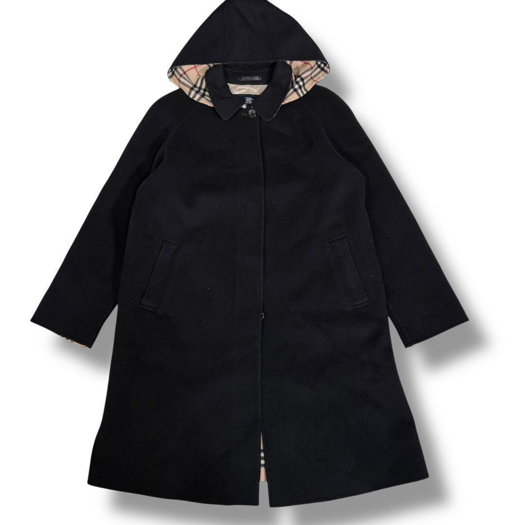 極美品 バーバリーロンドン カシミヤ混 ノバチェック 2way ロングコート 黒