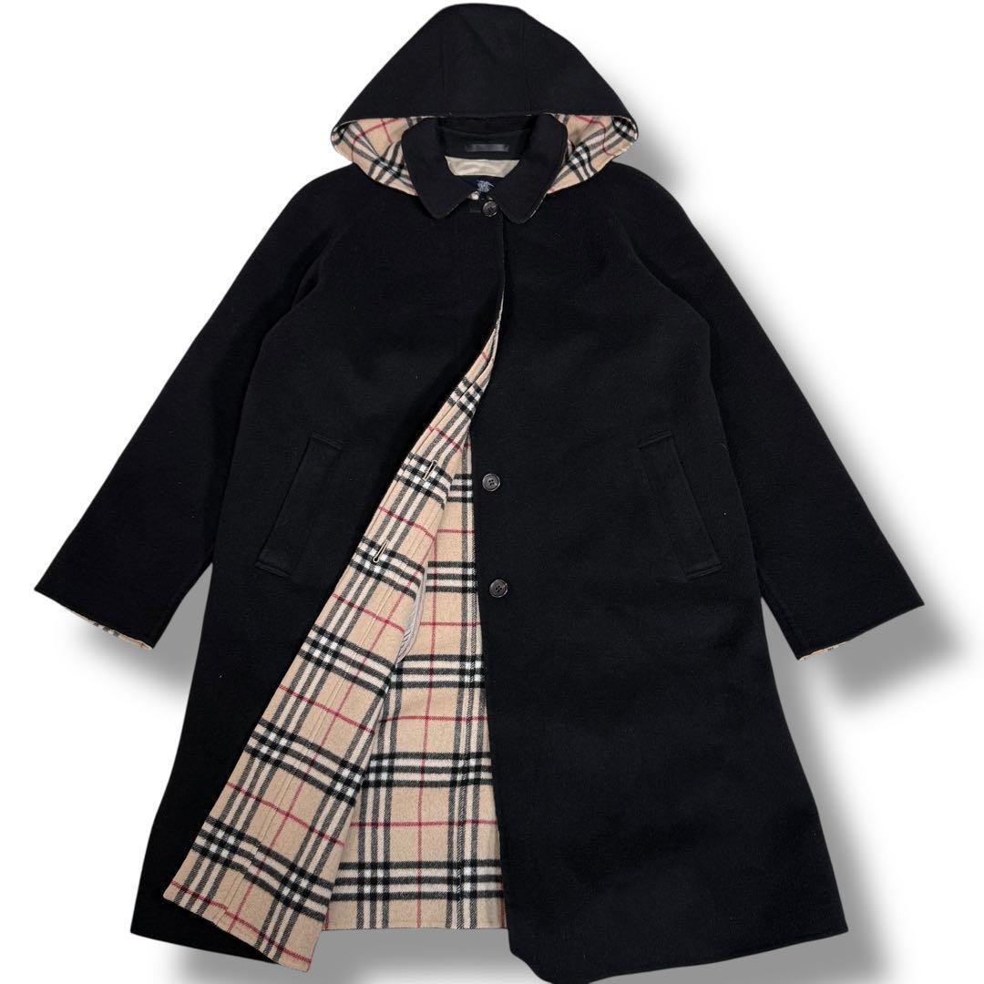 極美品 バーバリーロンドン カシミヤ混 ノバチェック 2way ロングコート 黒